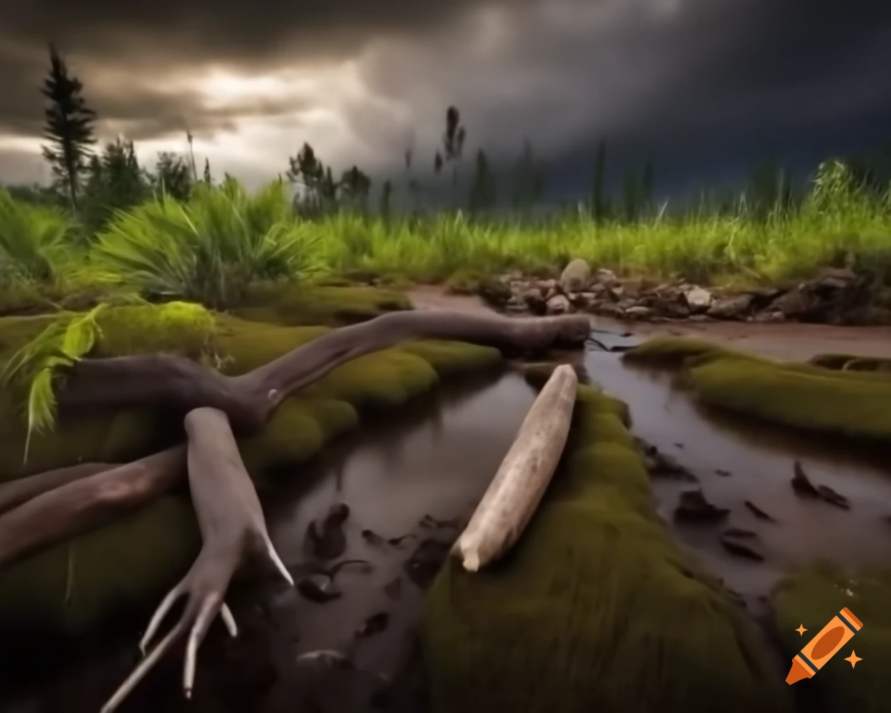 Striped Hadrosaurus roaming mudflat with ferns and driftwood in British Columbia