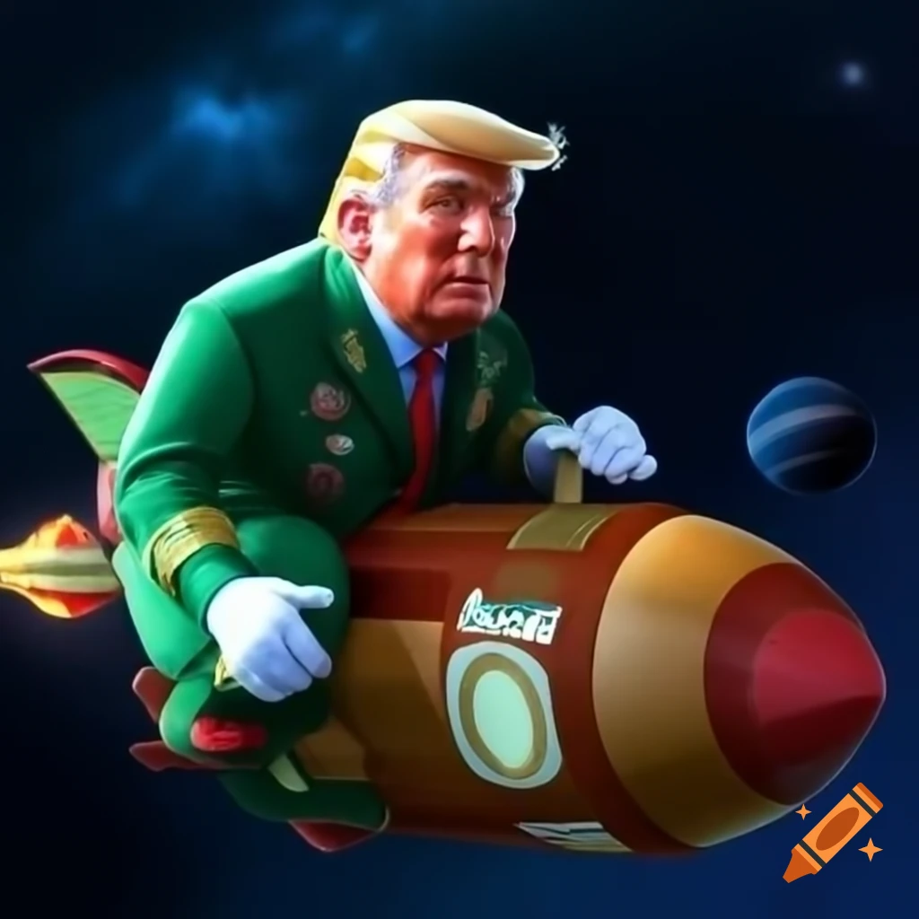 Donald Trump riding a rocket in space with green layer and BRAT text