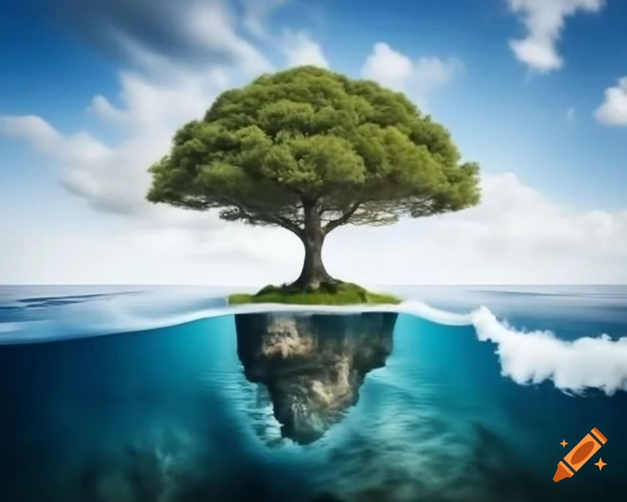 Surreal huge tree falling from cliff into ocean, dramatic photography