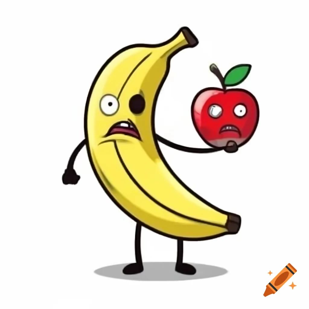 Scary banana fighting scared apple on blank background