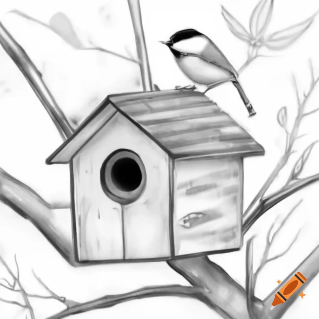 Black and white sketch of house by river with large tree and