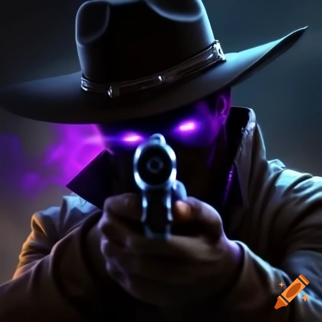 Cowboy with glowing purple eyes and black skin holstering gun