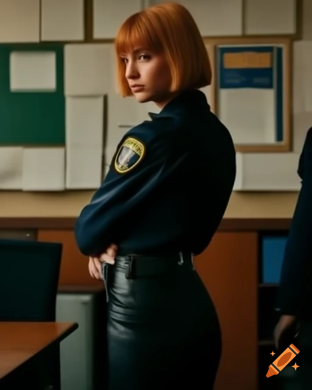 Close-up of young female French policewoman in office uniform
