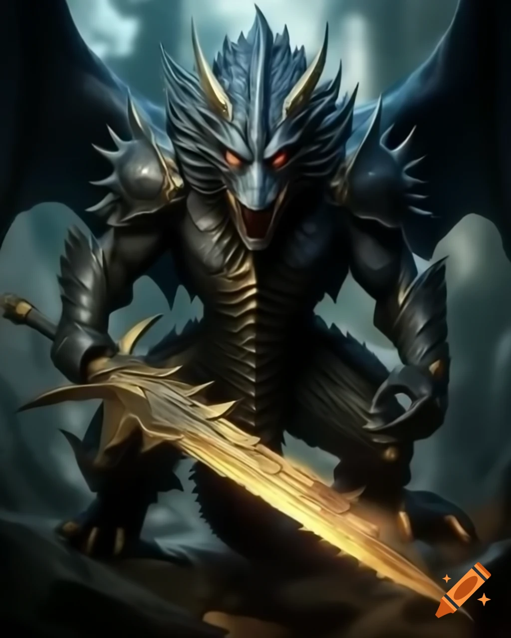 Armored black dragon in attacking pose wielding golden blade