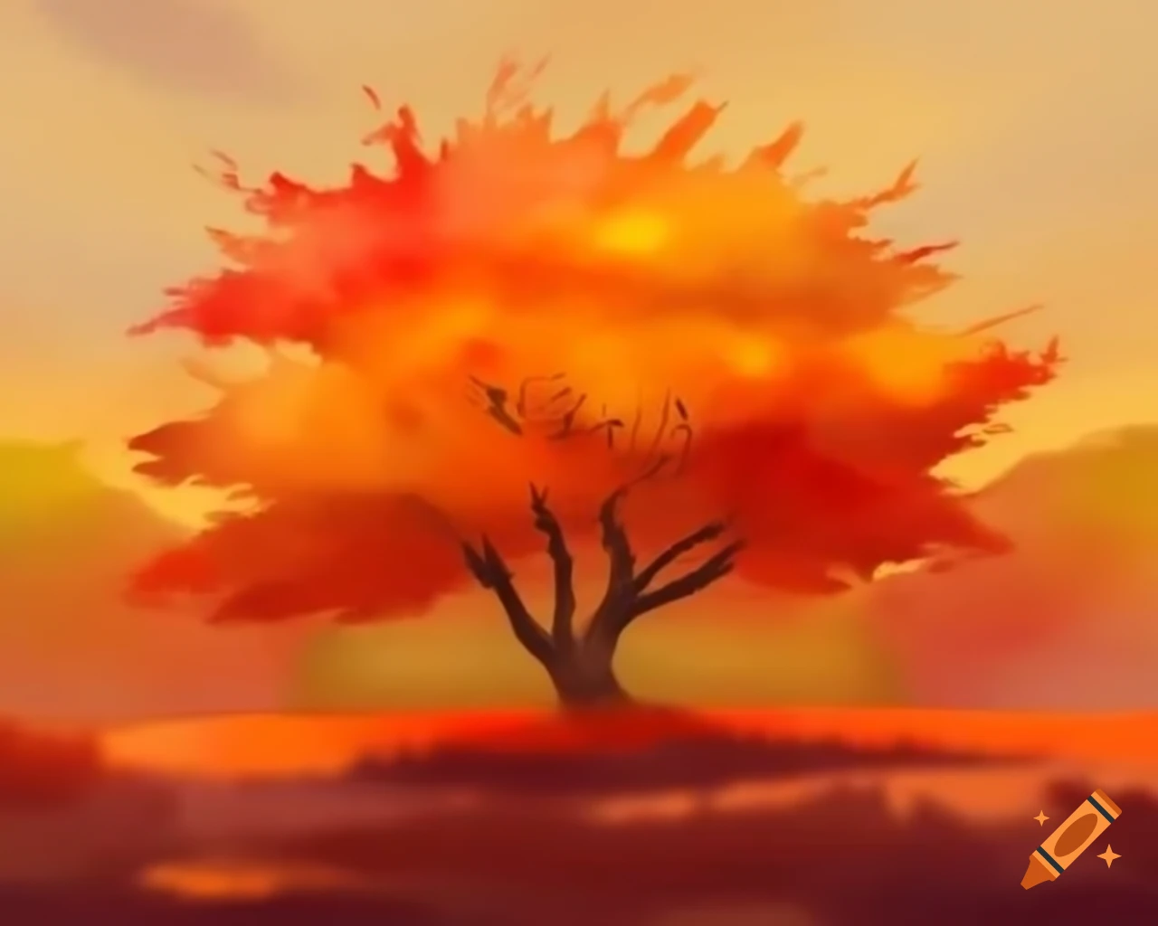 Watercolor autumn shrub in vibrant rainbow colors, storybook style