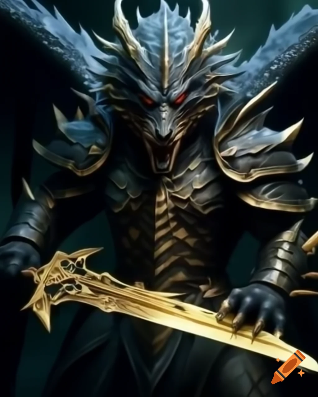 Black dragon in armor holding golden blade