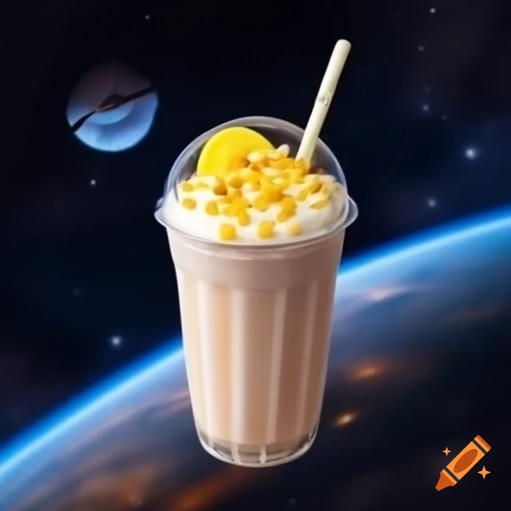 Unique milkshake with corn and yuzu floating in space
