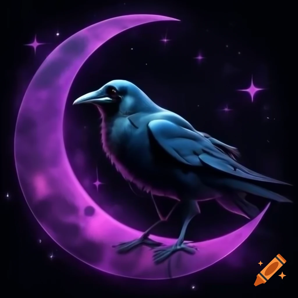 Crow on crescent moon with black and purple colors and stars