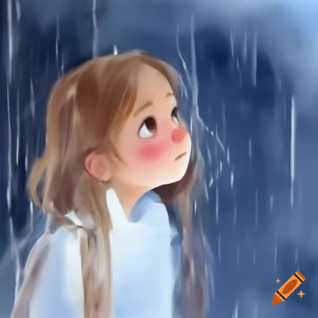 Watercolor painting of girl looking out window on rainy day