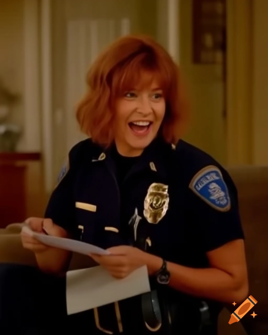 French female police officer taking notes at crime scene in dusty living room, hyper-realistic details