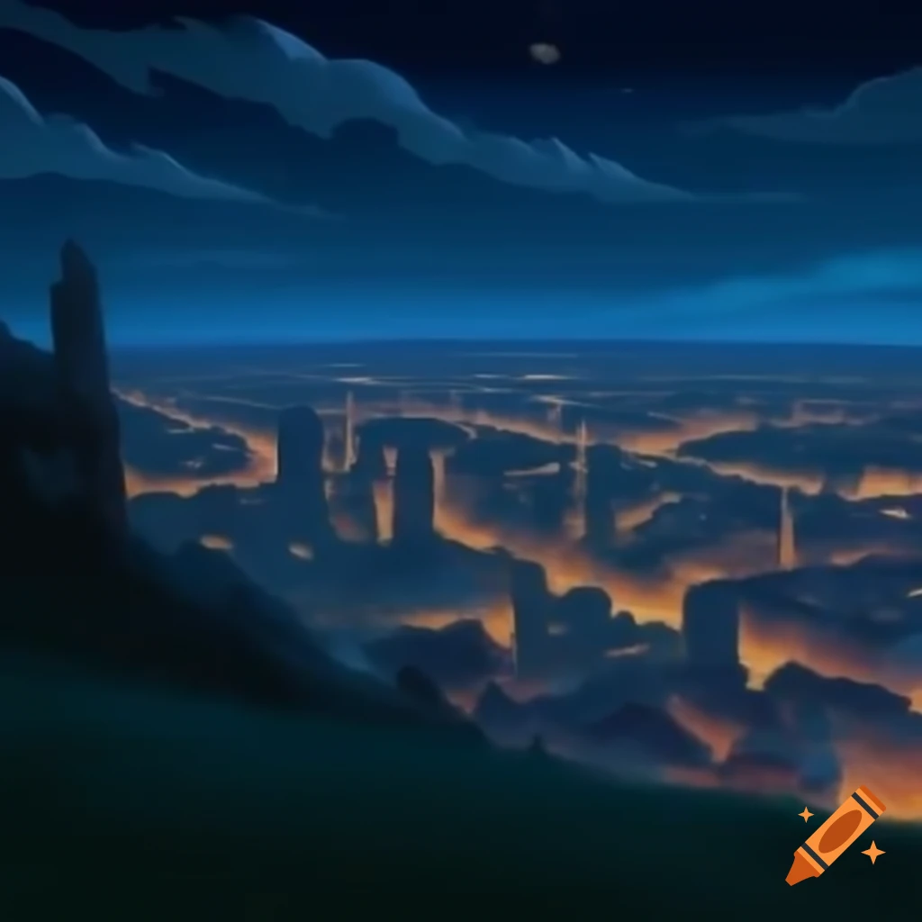 Night view of a cityscape from a hill