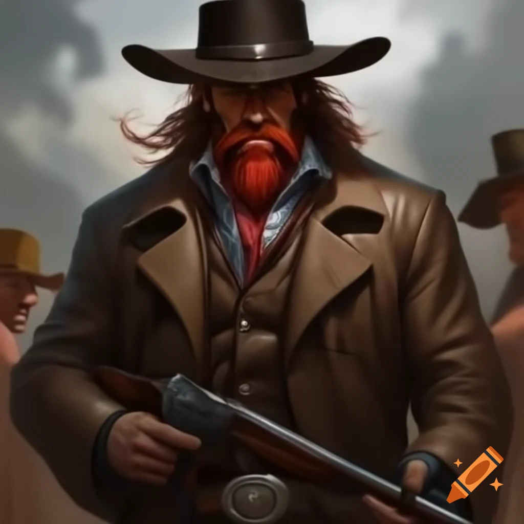 Buff cowboy in brown trench coat with revolvers and red beard