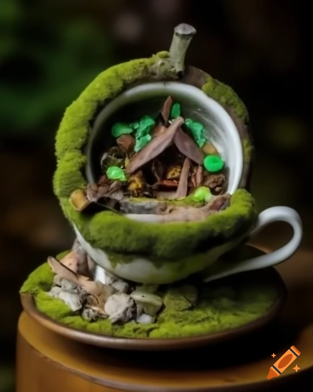 Mossy miniature fairy village inside a teacup on table, detailed diorama