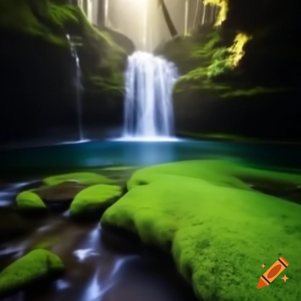 Enchanted forest grove with rushing water and tall grass