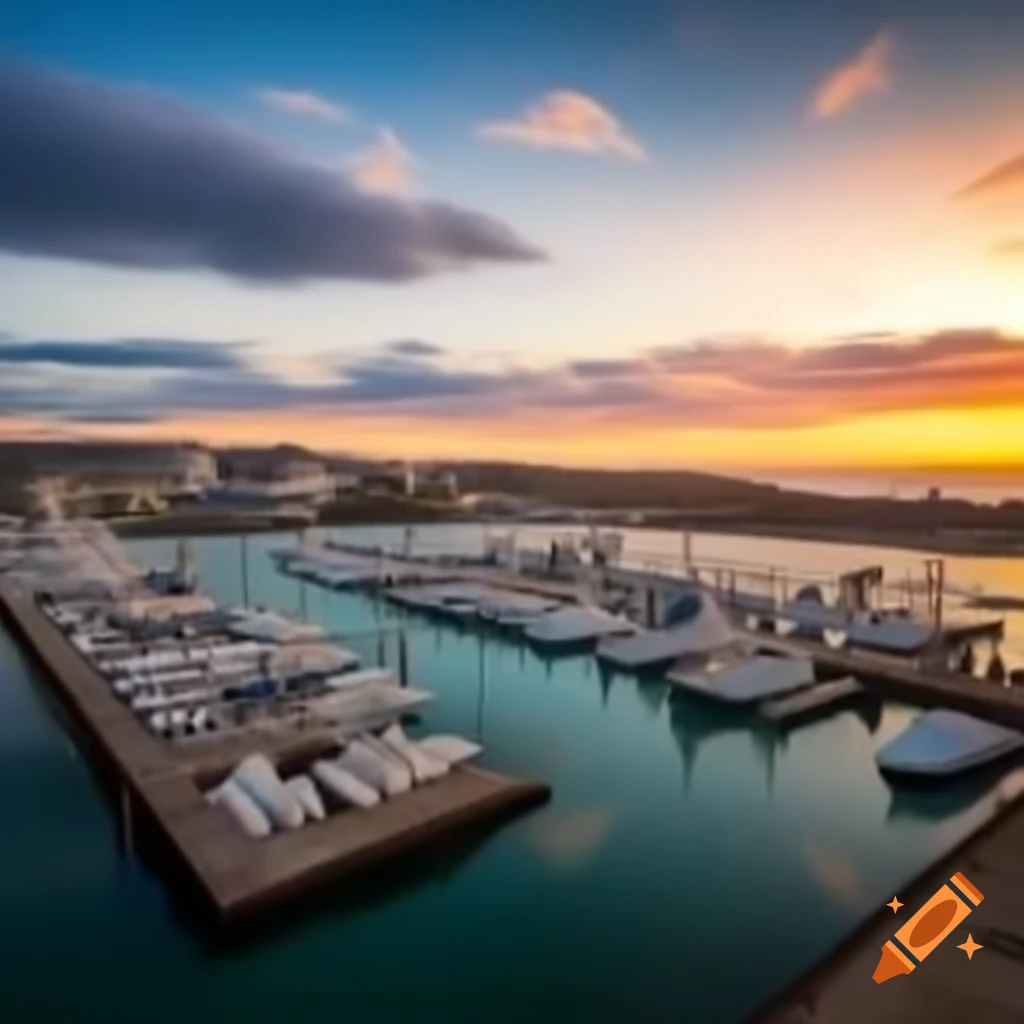 Sunset over a port with boats and water