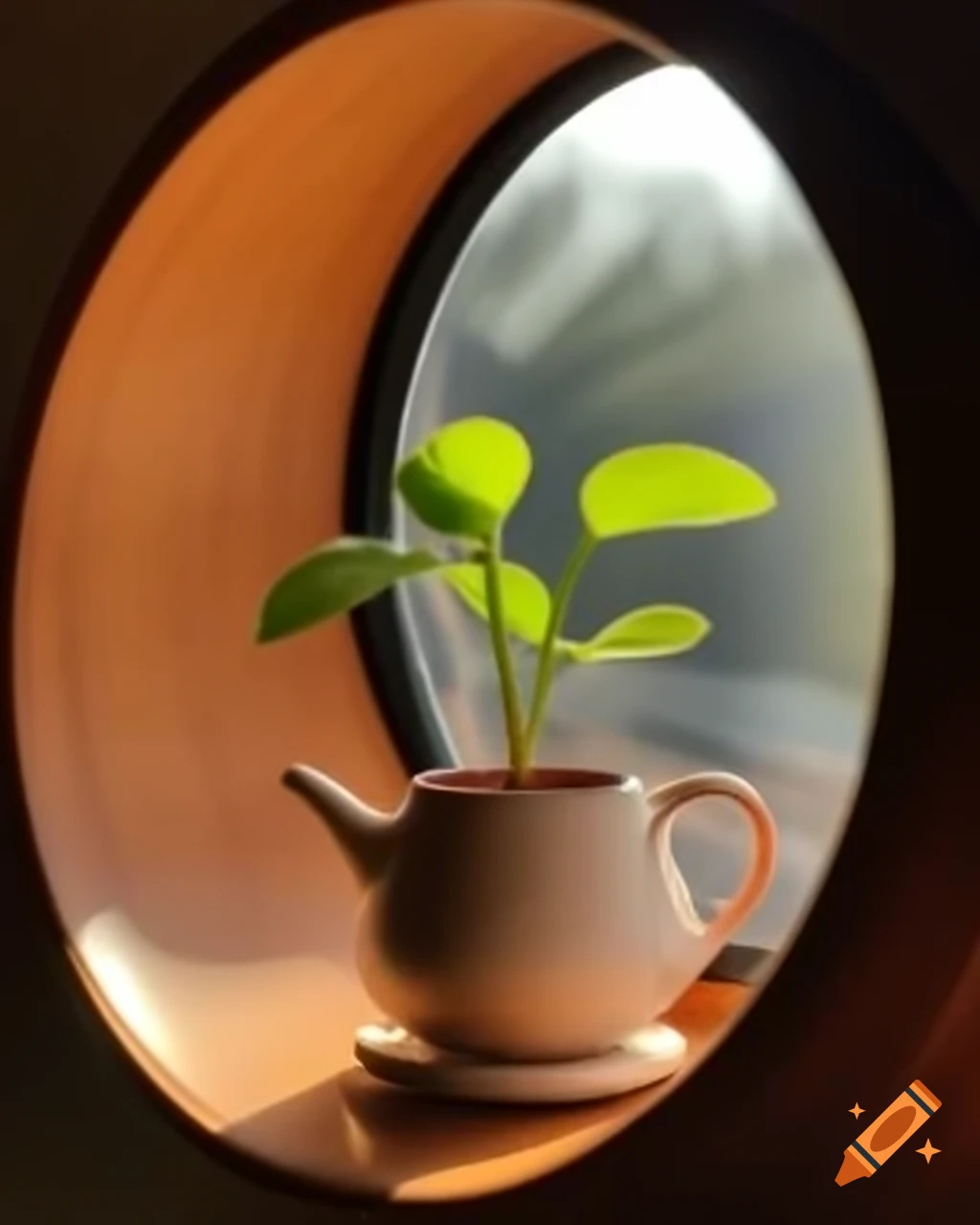 Close-up of mini plant in teapot-shaped flowerpot with golden lighting