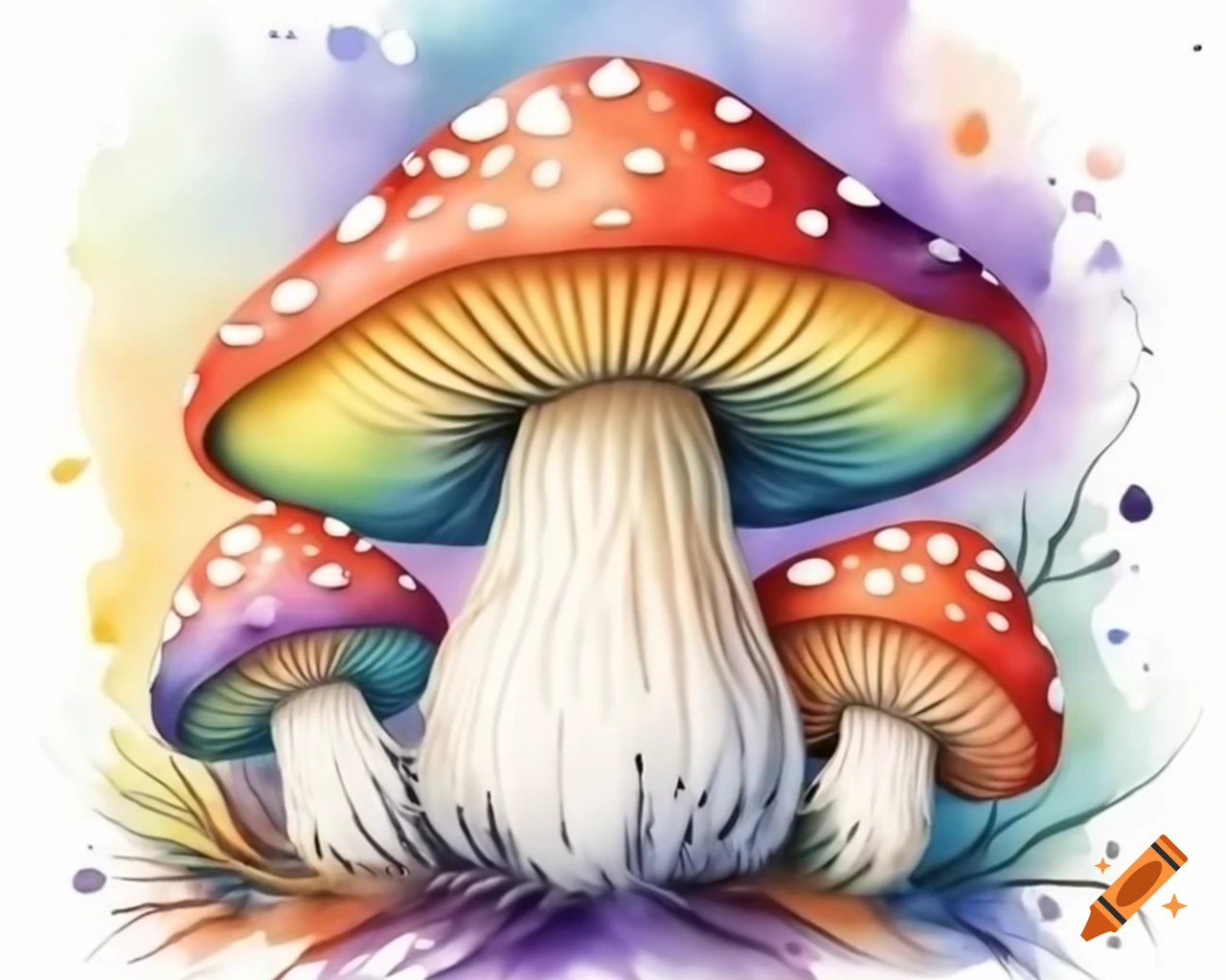 Watercolor Halloween mushroom in rainbow colors, storybook style
