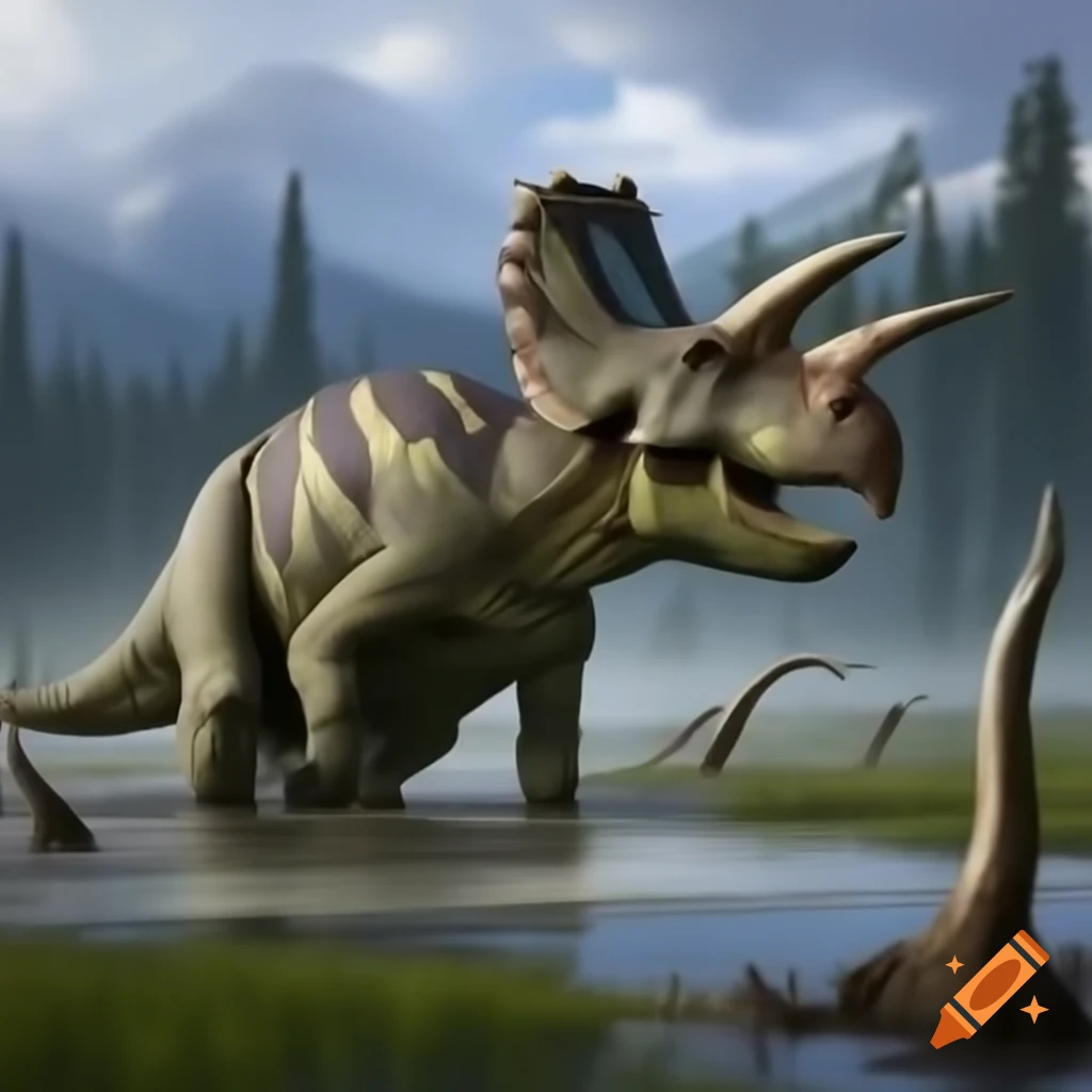 Protoceratops crossing marsh with driftwood in British Columbia morning