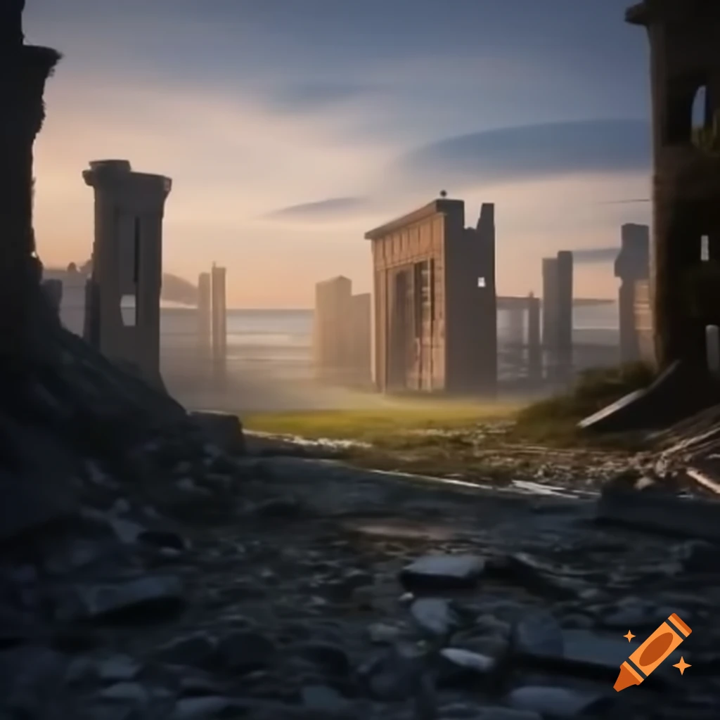 Ruined buildings illuminated by sunrise