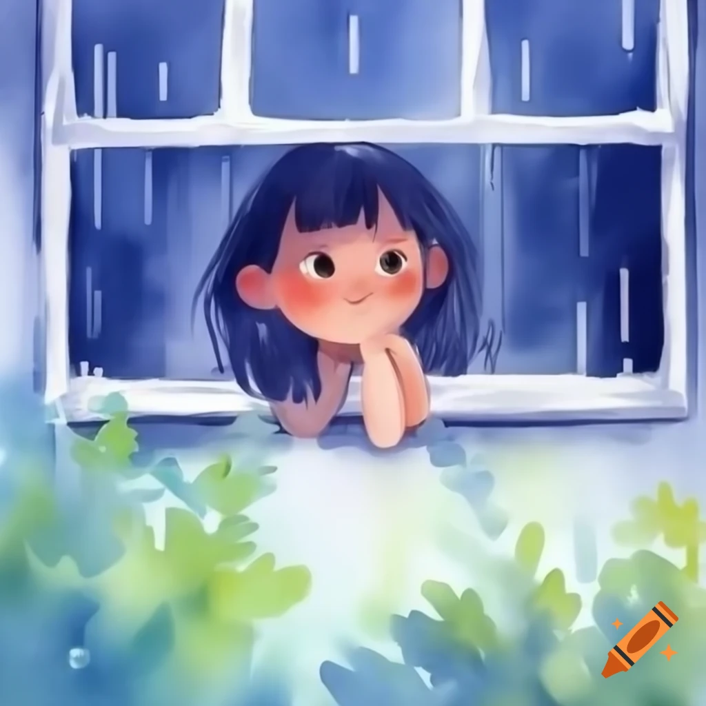 Watercolor painting of girl looking out window on rainy day