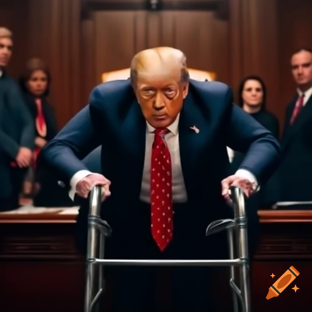 Satirical depiction of a political figure as a controversial personality in a courtroom setting