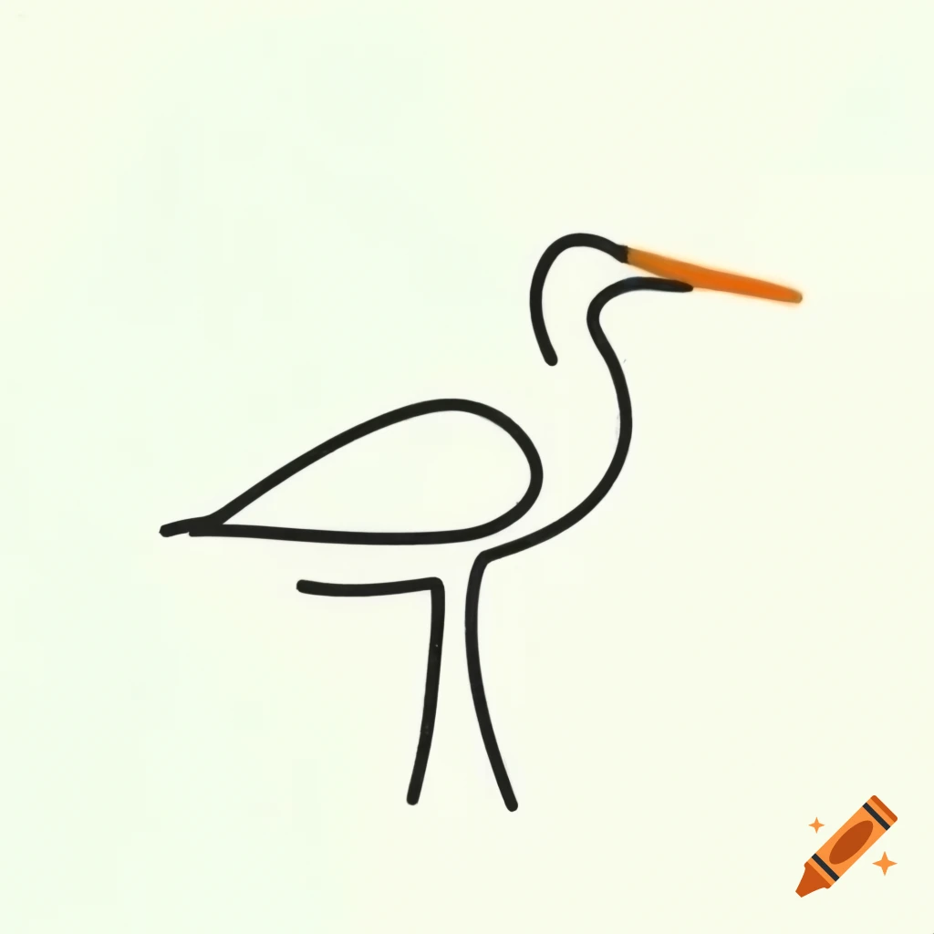 Minimalist black line drawing of wetland bird with orange and green accents