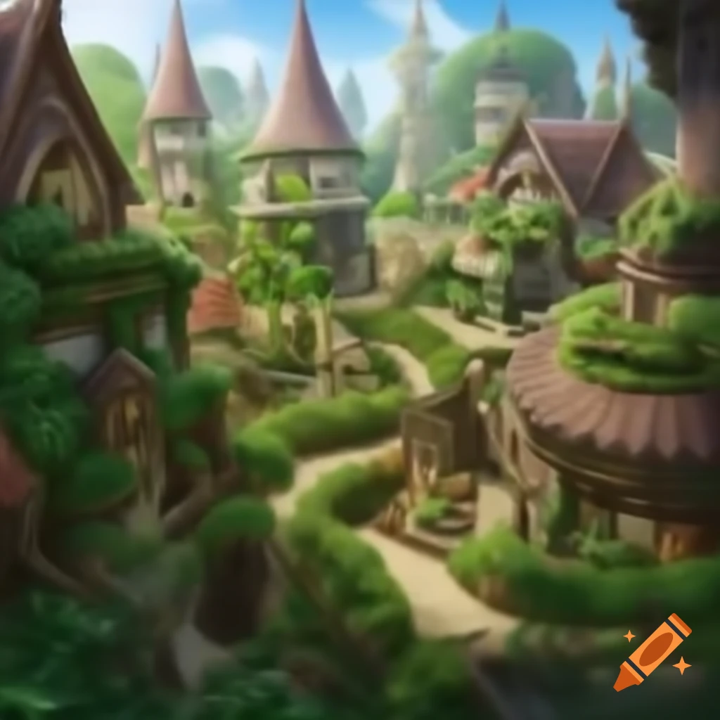 Fairy-tale medieval city with green plants and bright brick roofs