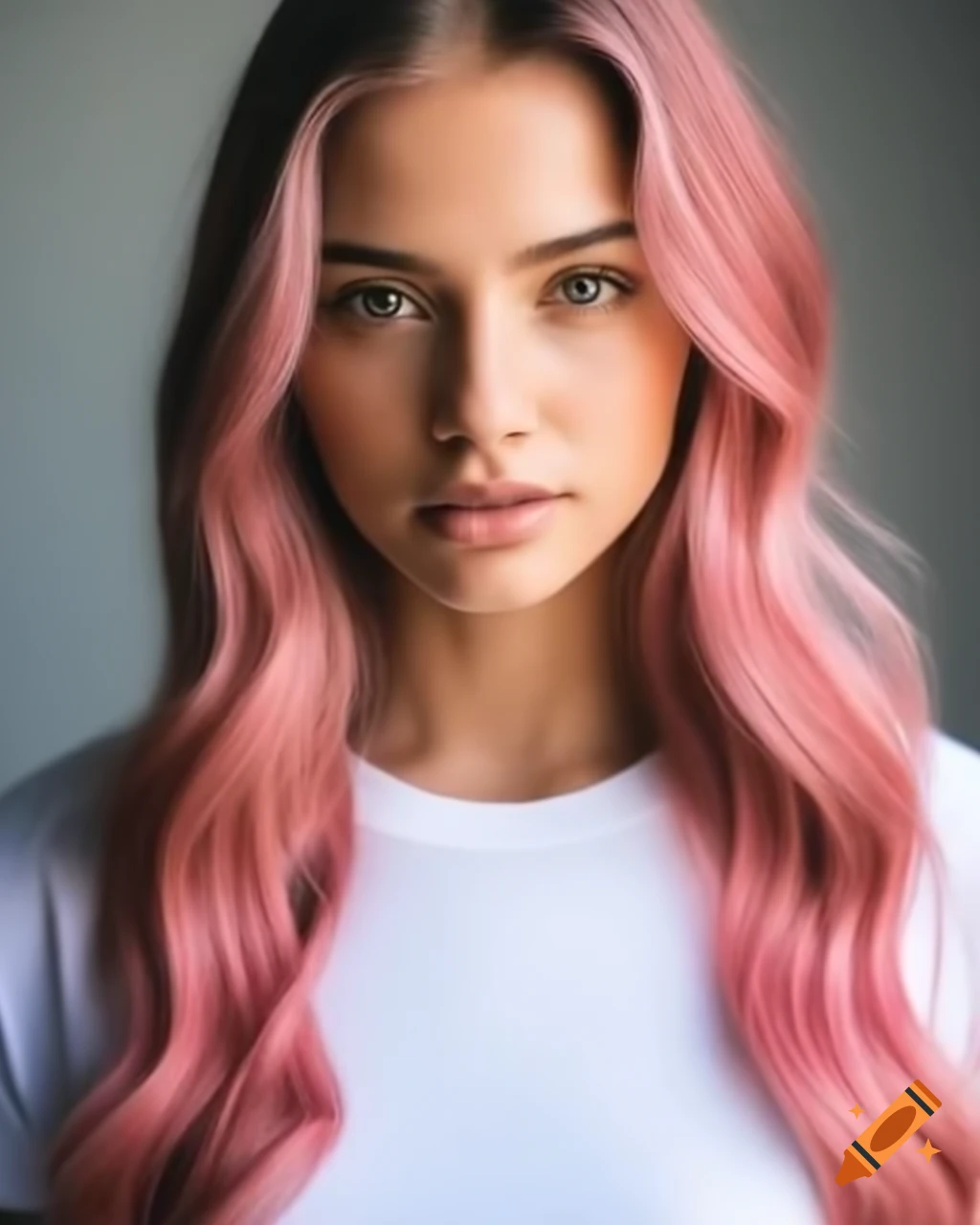 Female supermodel portrait with pink hair in white t-shirt under studio lighting