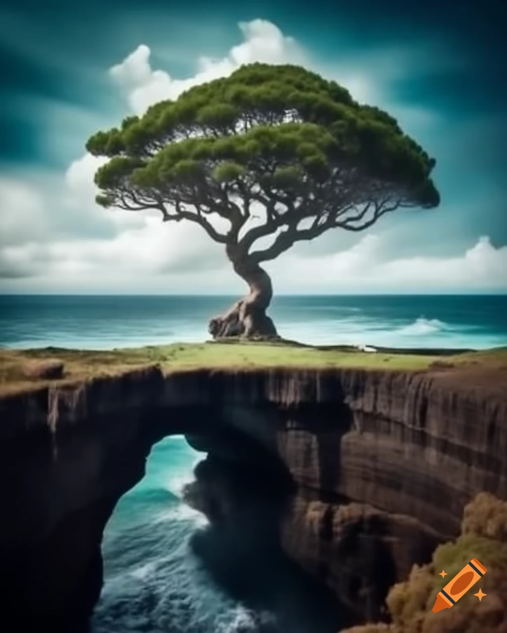 Surreal large tree tumbling from cliff into ocean, dramatic photography