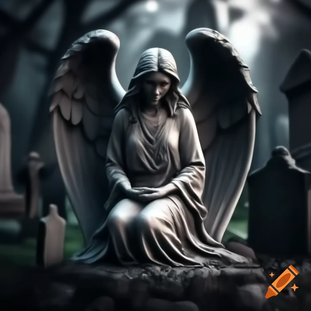 Anime-style statue of an angel lying in cemetery with realistic shadows