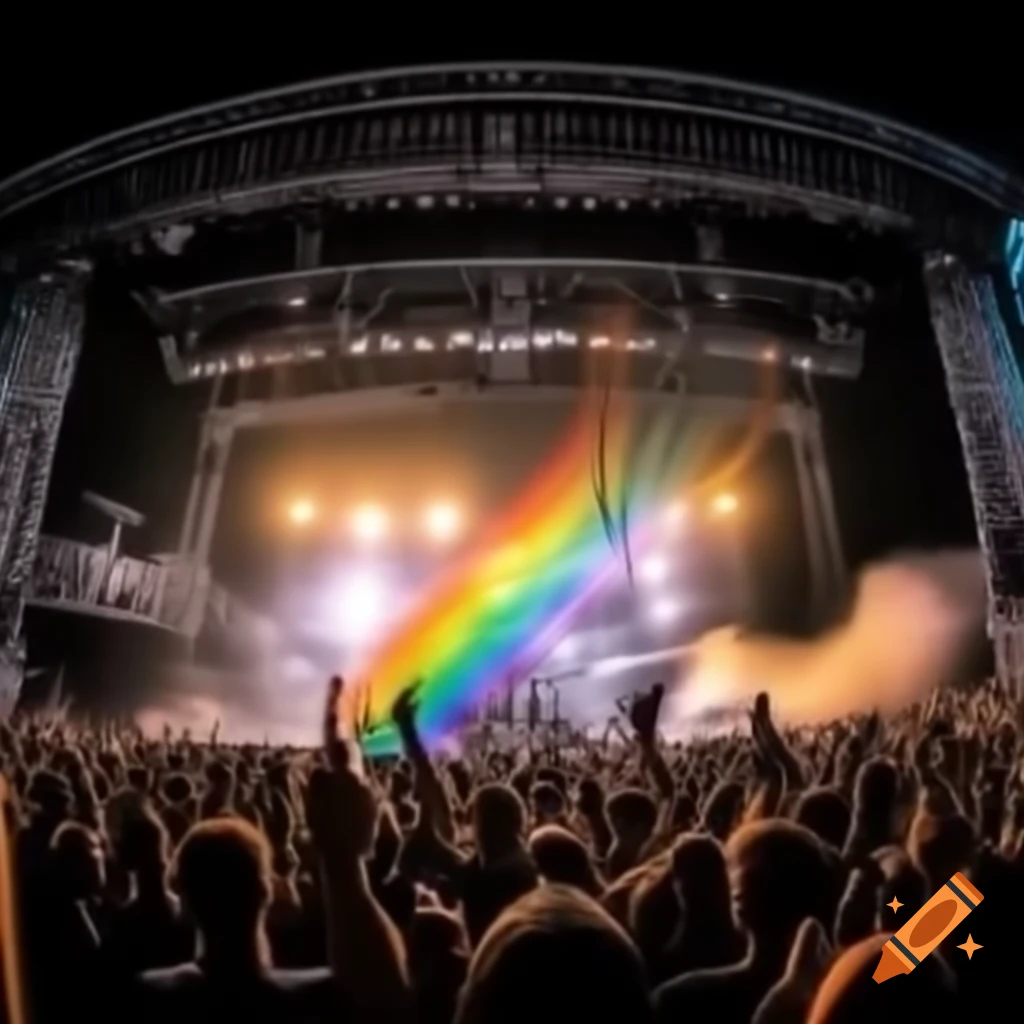 Rock concert stage with a vibrant rainbow backdrop