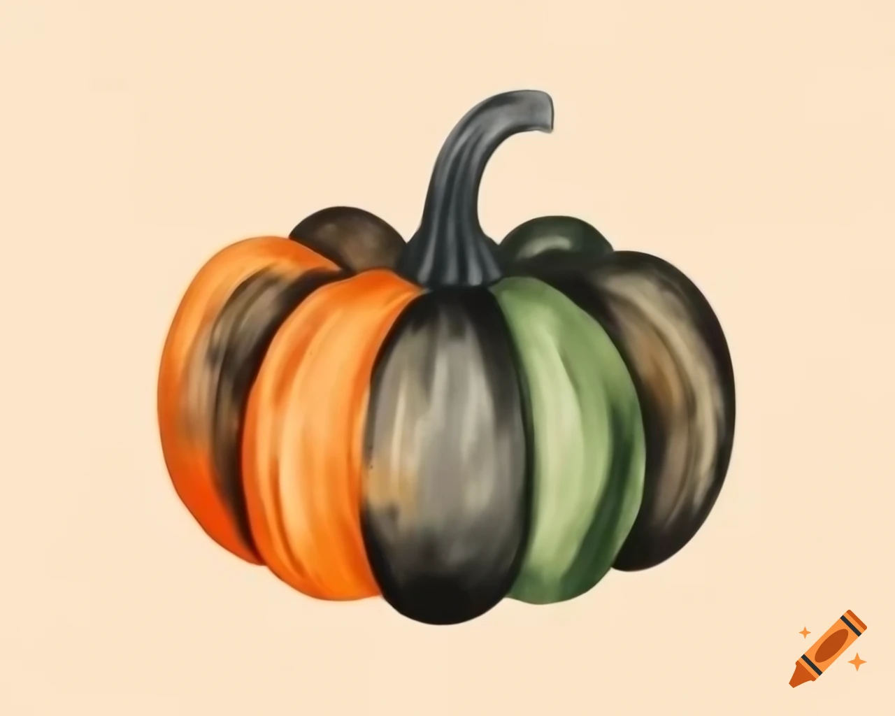 Watercolor Halloween pumpkin in black, orange, green, and gold storybook style