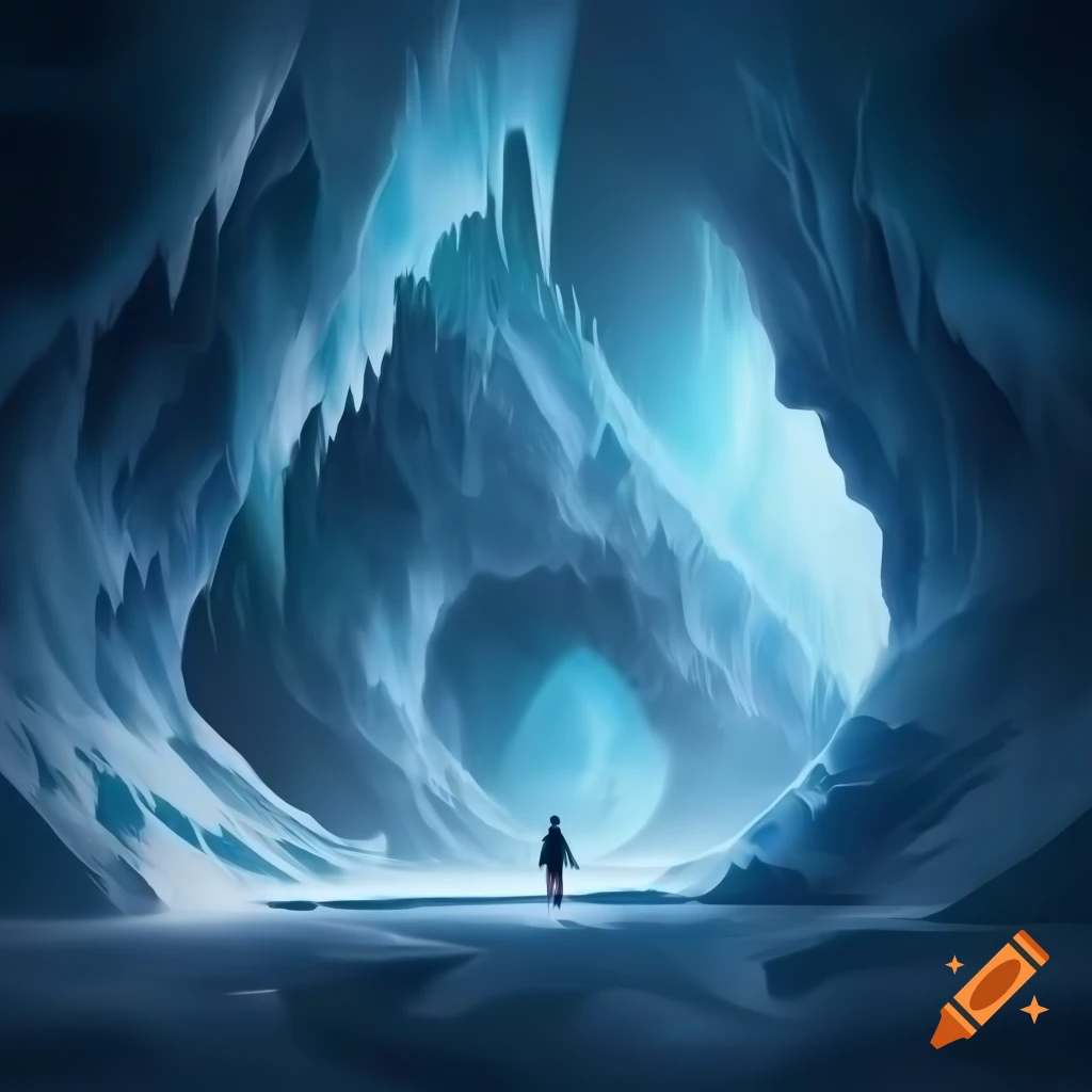 Digital artwork of abstract patterns in a realistic style within a crystalline ice cave