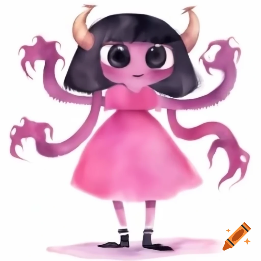 Tall pink monster with four arms, big eyes, black and white long hair, wearing a short dress