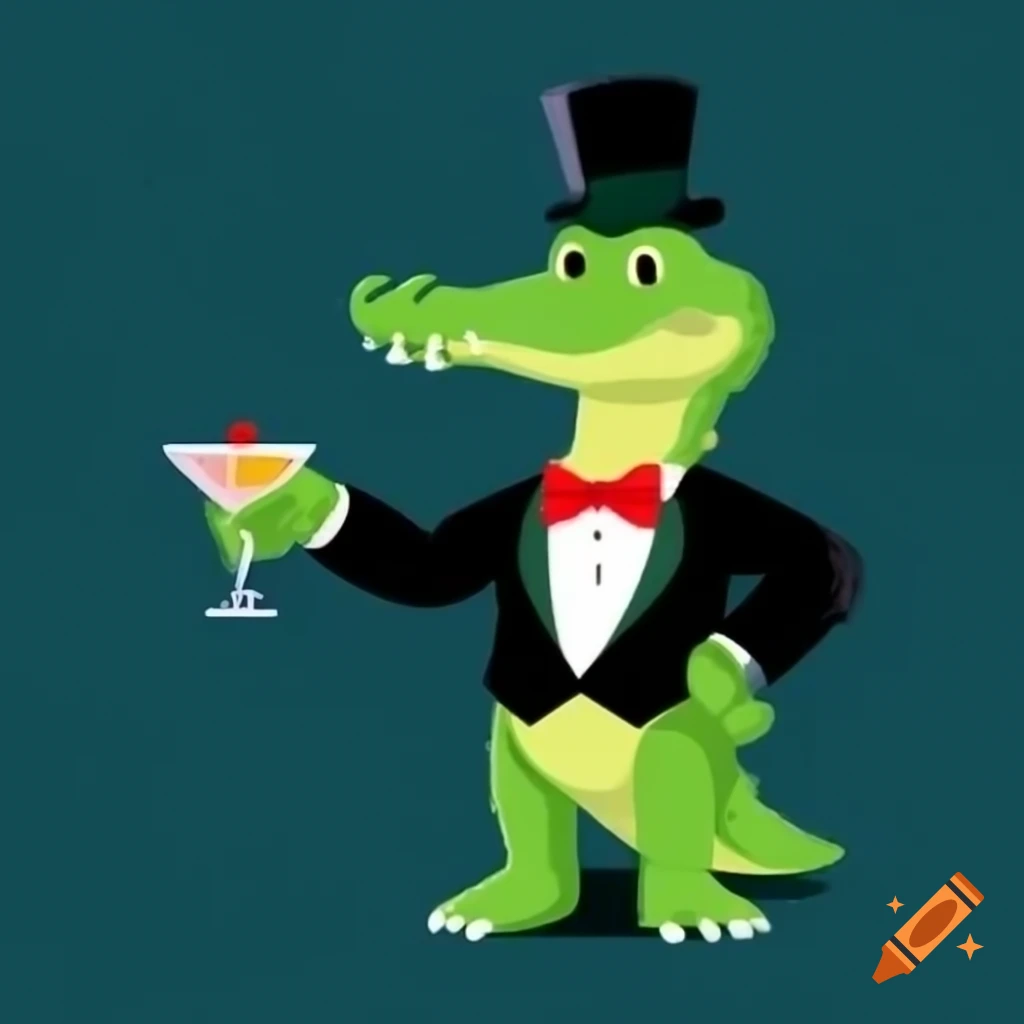 Cheerful alligator in tuxedo holding martini glass