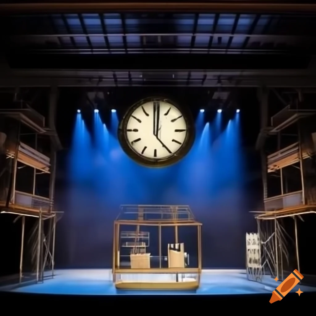 Theatre stage featuring giant half clock backdrop with platforms and steel beams