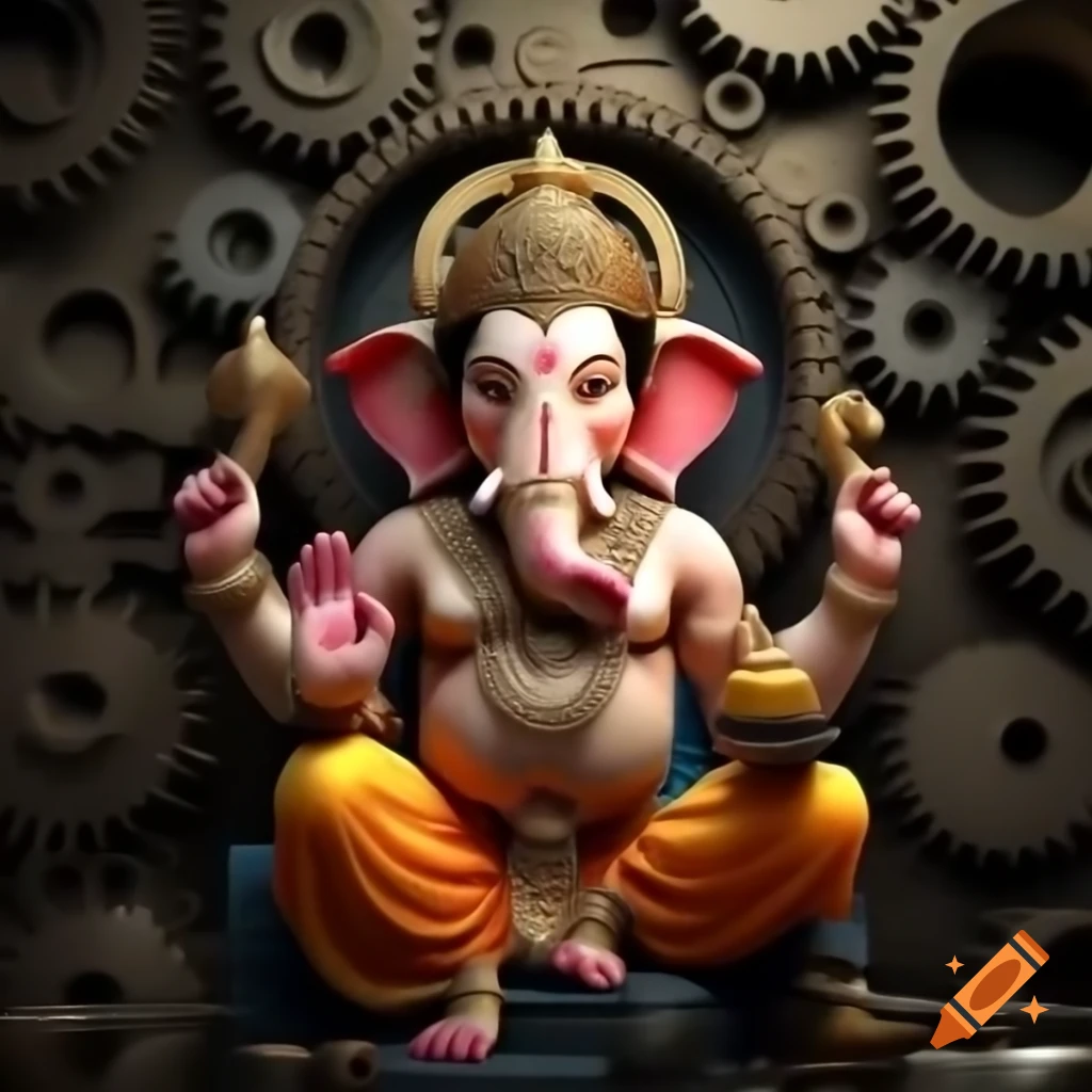 Lord Ganesha made from engineering tools like gears and metal pipes