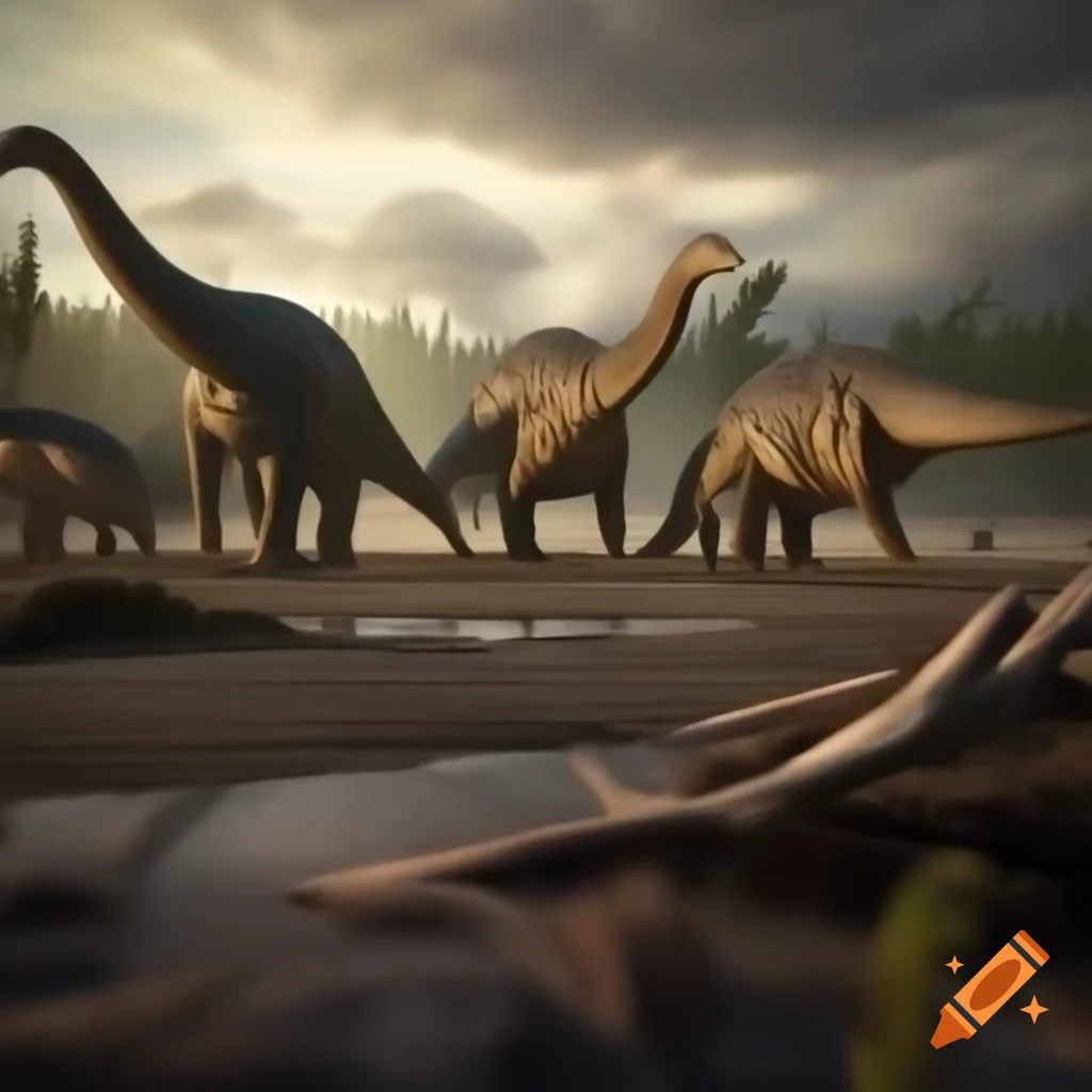 Striped Hadrosaurus roaming mudflat with ferns and driftwood in morning light