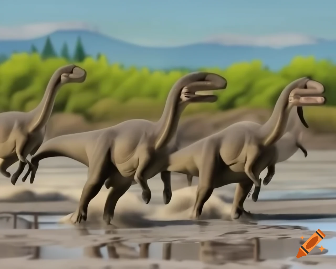 Hadrosaurus herd crossing muddy flat with ferns and driftwood in British Columbia
