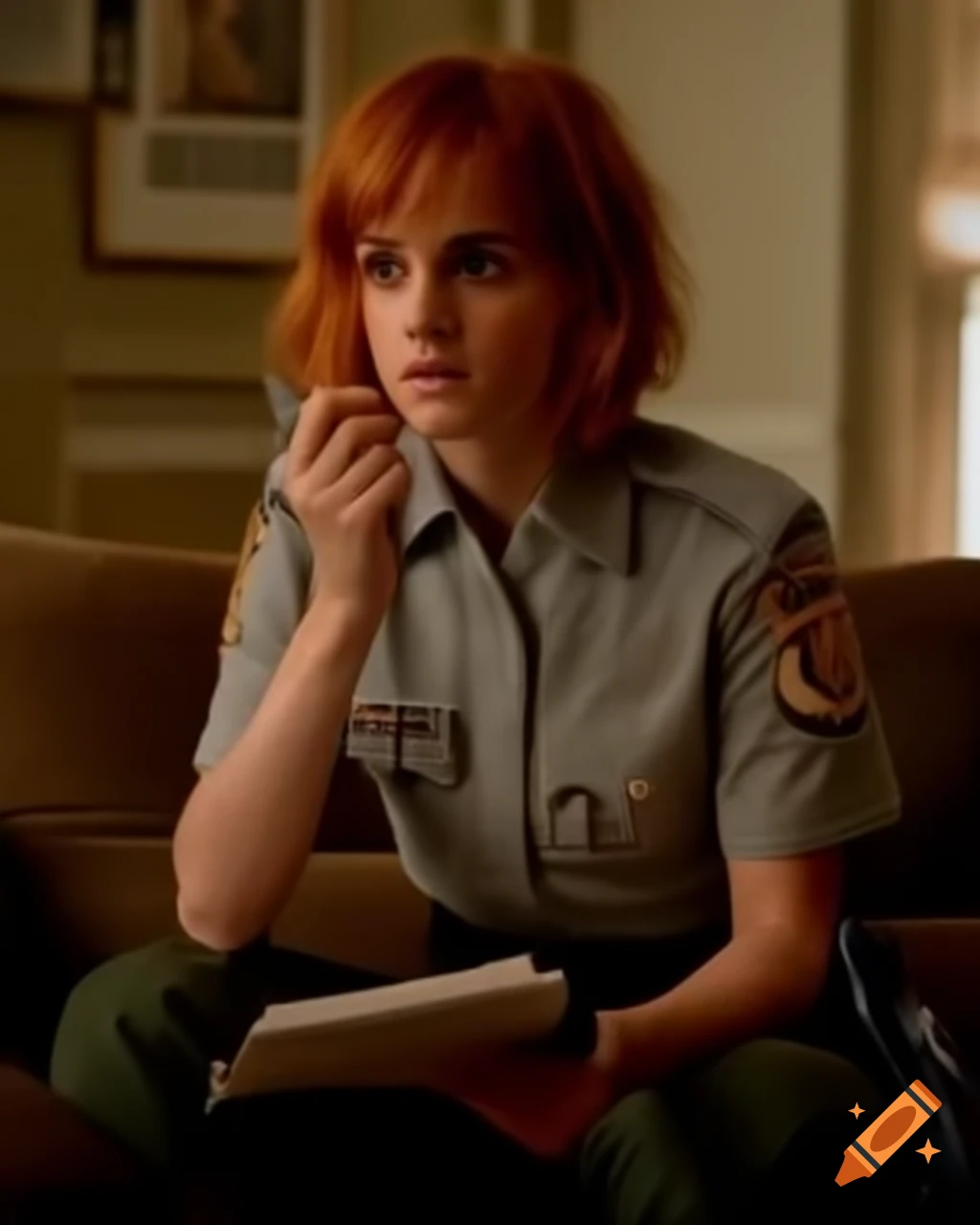 Innocent female police officer with ginger hair taking notes at crime scene