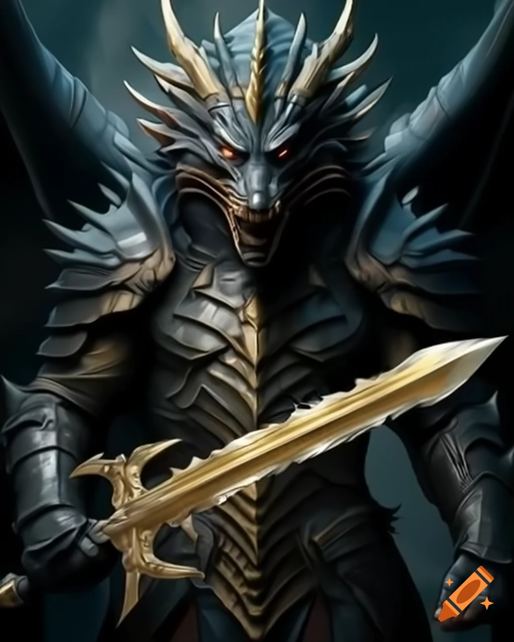 Black dragon in armor wielding a large golden blade