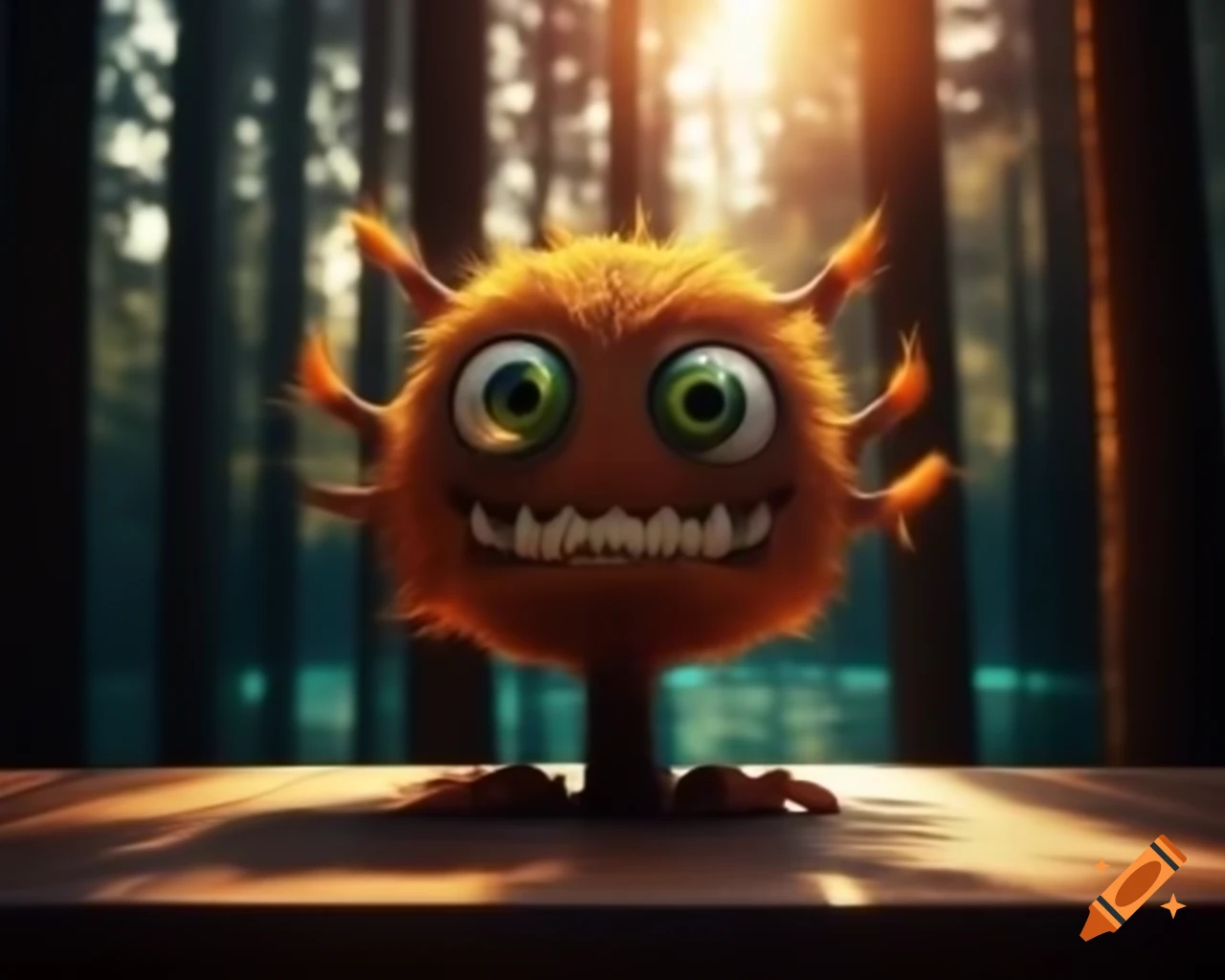 Hyper-realistic artwork of an orange tree monster with human face in a forest setting with a lake