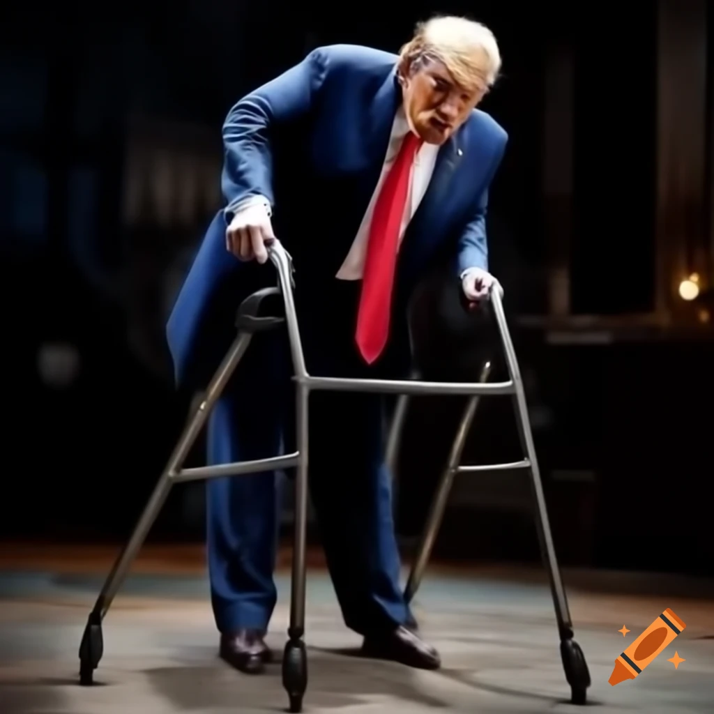 Satirical depiction of an elderly man with a walker in a court setting