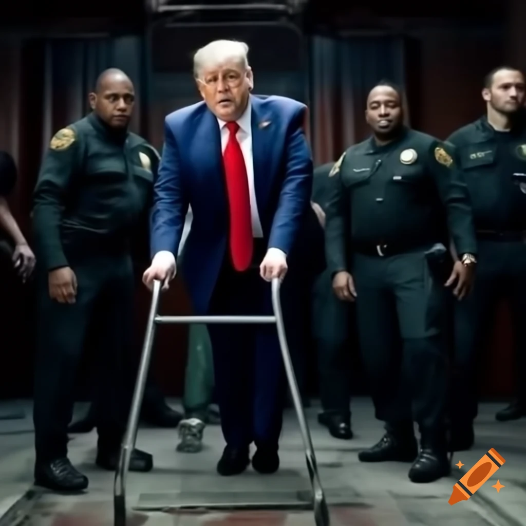 Satirical depiction of a frail character resembling Donald Trump in a courtroom setting