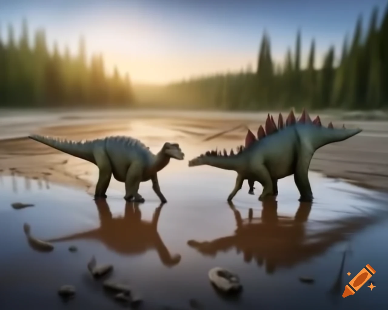 Two Stegosaurus in mudflat with Diplodocus in distance moving toward forest
