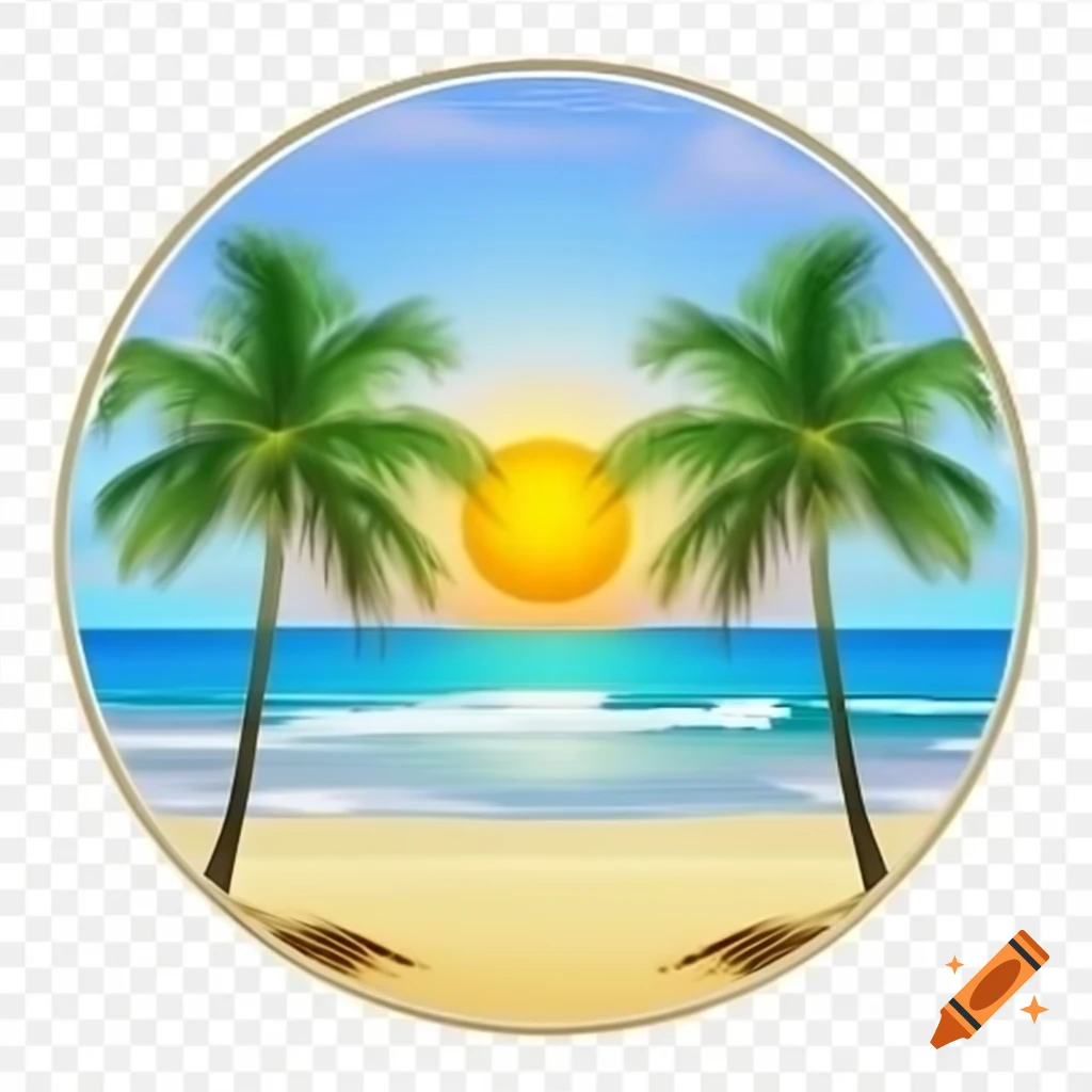 Colorful clipart of palm trees, sun, and beach inside a circle for t-shirt design