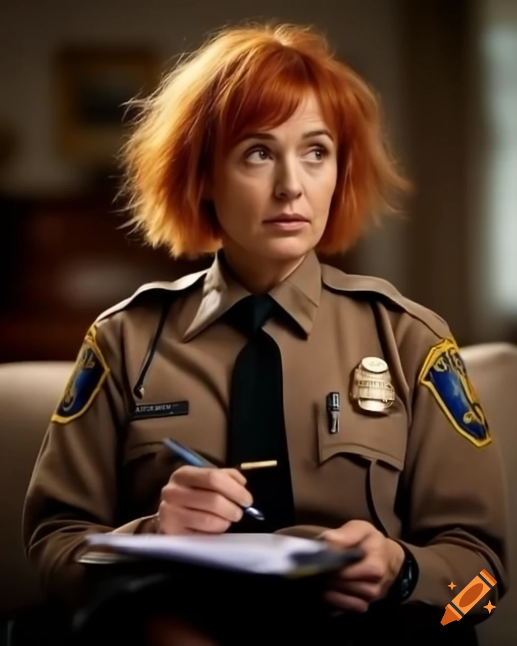 French female police officer taking notes at crime scene in dusty living room, hyper-realistic details