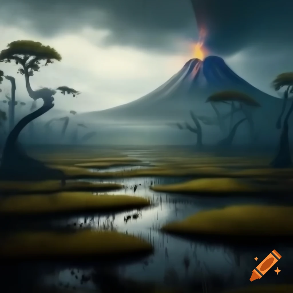Gloomy oil painting of grassy swamp with trees and active volcano
