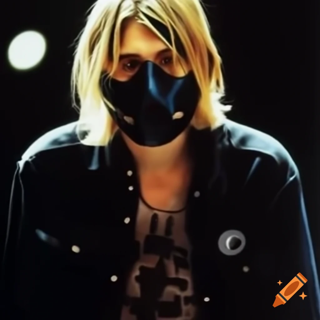 Kurt Cobain styled as Bane from Batman wearing Nirvana shirt