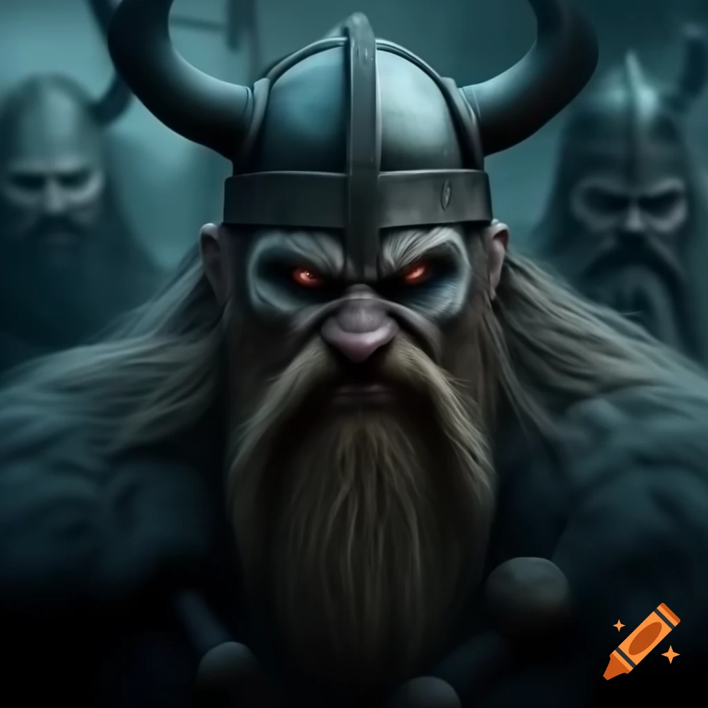 Scary Viking character with fierce expression and traditional armor